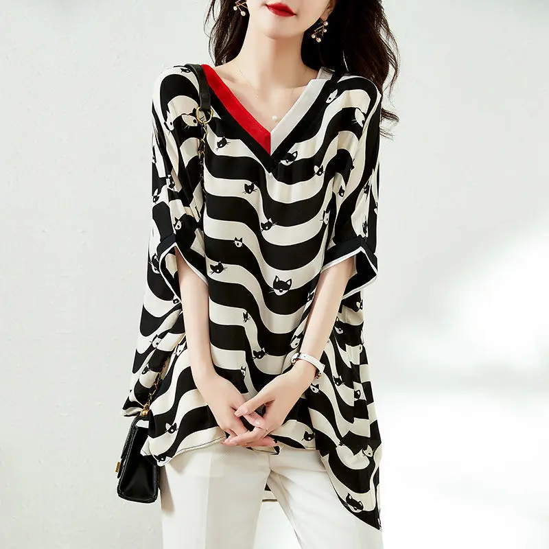 Top Trends: Fashion V-Neck Spliced Printed Striped Oversized Batwing Sleeve Blouse 2022 Summer New Casual Women Clothing Loose Commute Shirt Shoppable Styles