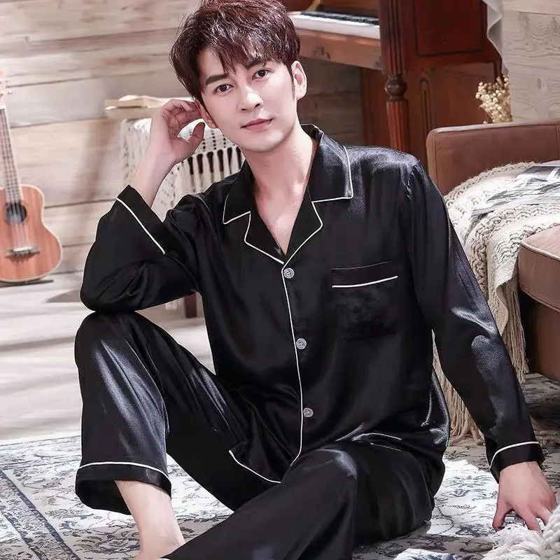 Top Trends: Men Pajama Sets Silk Satin Pijama Turn-down Collar Sleepwear Long Sleeve Spring Nightwear Male 2 Pieces Sets Homewear Shoppable Styles