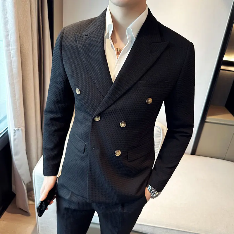 Top Trends: (Jacket+ Pants) Men Blazers High Quality Double Breasted Business Suits / Male Slim Fit Waffle Groom's Wedding Dress Casual Tuxedo Shoppable Styles - Image 5