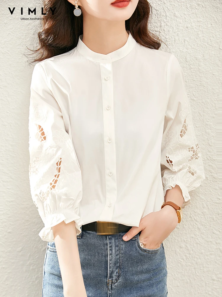 Top Trends: Vimly Women Shirt Three Quartar Sleeve Cotton Top 2023 Early Autumn Stand Collar Hook Flower Hollow Female Button Up Shirt V1169 Shoppable Styles