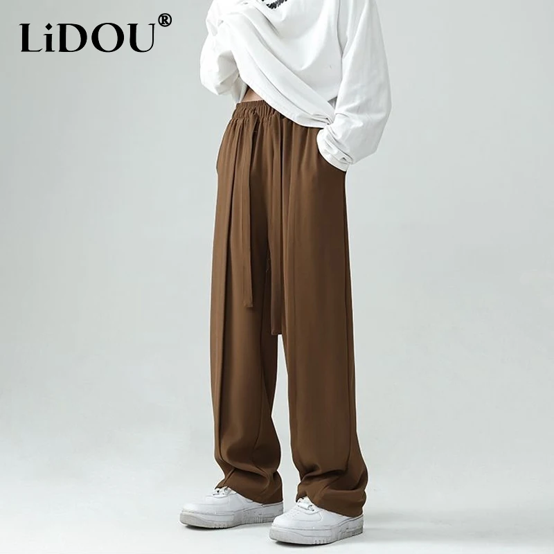 Top Trends: 2023 Spring Autumn Solid Color Fashion Elastic Waist Drawstring Wide Leg Trousers Man Casual High Street Vintage Straight Pants Shoppable Styles