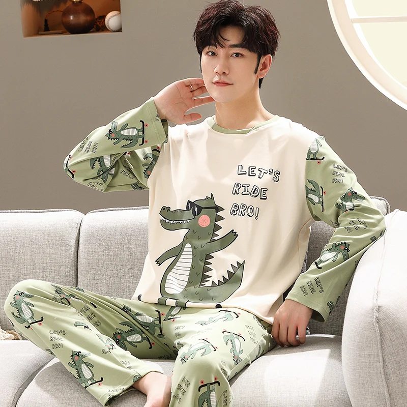 Top Trends: Spring Long Sleeves Sleeping Tops Trousers Nightwear For Men Cotton Pijamas Suit Male Cartoon Casual Home Clothes Pjs Homme Shoppable Styles