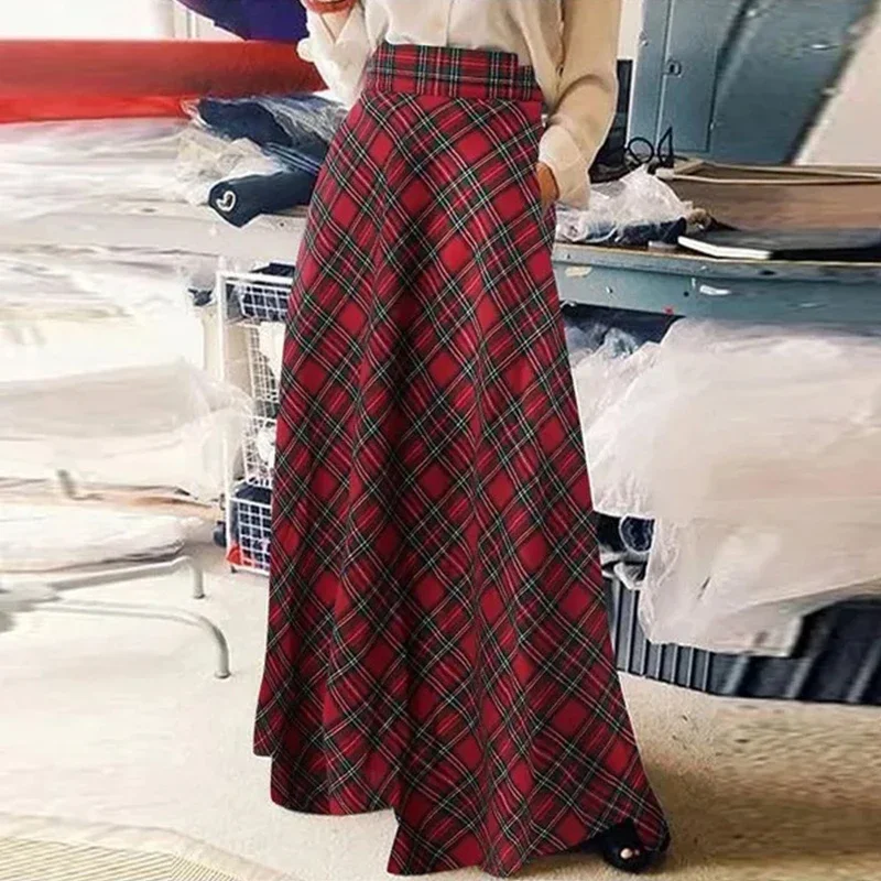 Top Trends: Autumn Winter Women Skirt Korean Style Retro Plaid A-line Skirt Fashion Loose High Waist Stretch Party Long Skirt S-5XL(UK 8-24) Shoppable Styles