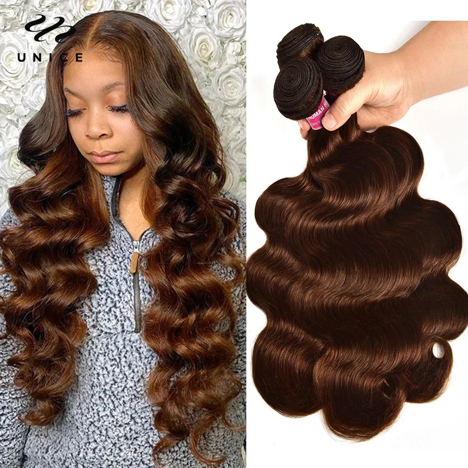 Top Trends: Unice Hair 2 # 4 # Brown Hair Bundles Caramel Highlight Brazilian Hair Weave Bundles 3 Bundle Deals Straight / Body Wave Human Hair Shoppable Styles