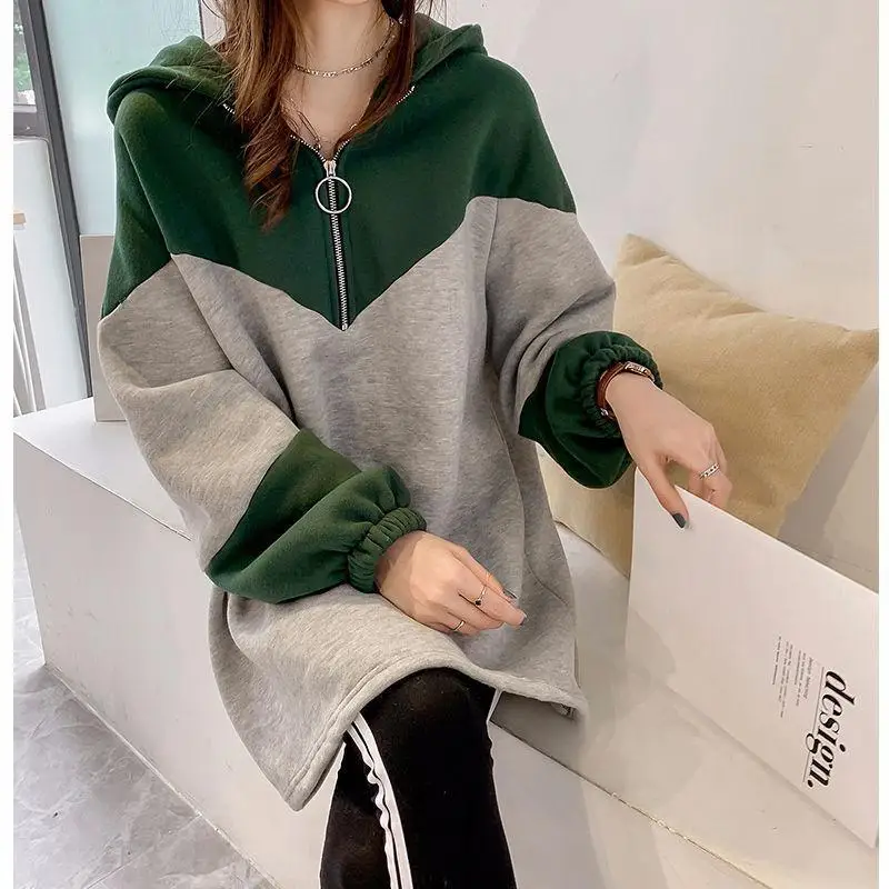 Top Trends: Fashion Patchwork Hoodies Sweatshirts Spring Autumn Long Sleeve Thin Contrast Mid-length Pullovers Casual Trend Women Clothing Shoppable Styles - Image 4