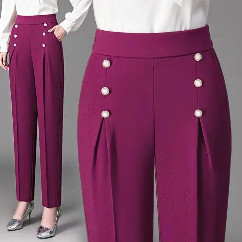 Top Trends: Korean Fashion New High Waist Ice Silk Women Pants Thin Solid Button Simple Casual Loose Straight Versatile Harlan Trousers2023 Shoppable Styles