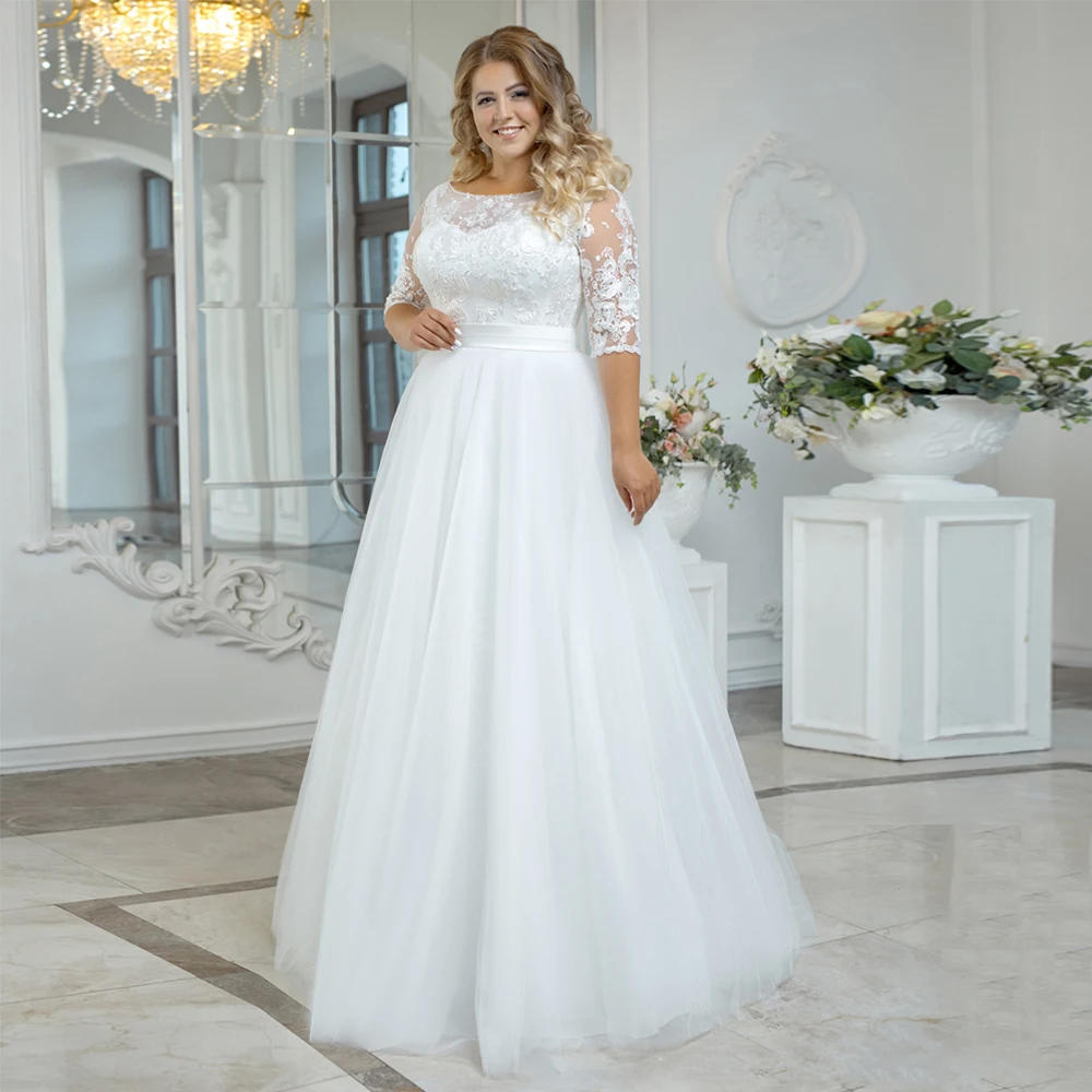 Top Trends: Vintage O-Neck Wedding Dresses Plus Size 3 / 4 Sleeves Bride Gowns Back Button Appliques A-Line Floor Length Tulle Robe De Mariée Shoppable Styles