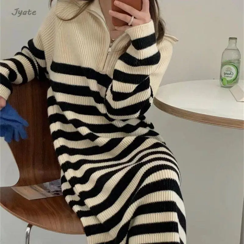 Top Trends: Korean Chic Big Lapel Zipper Stripe Mid Length Knit Dress Autumn Winter Pullover Long Sleeve Loose Warm Women Dress 2023 New Shoppable Styles