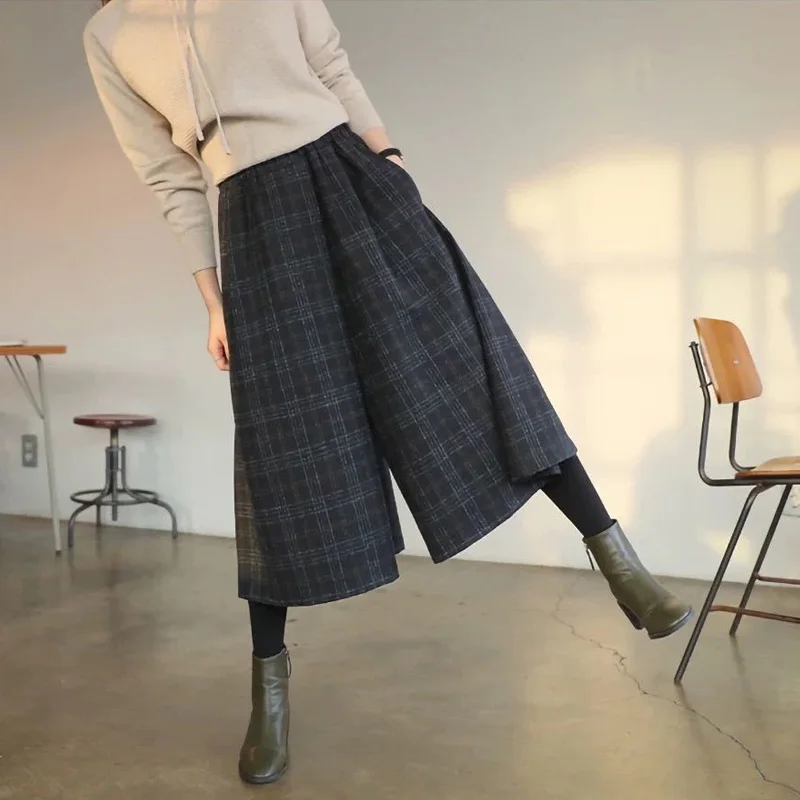 Top Trends: Autumn Winter New Elastic Waist Loose Wide Leg Pants All-match Plaid Casual Straight Pants Fashion Vintage Women Clothing Shoppable Styles