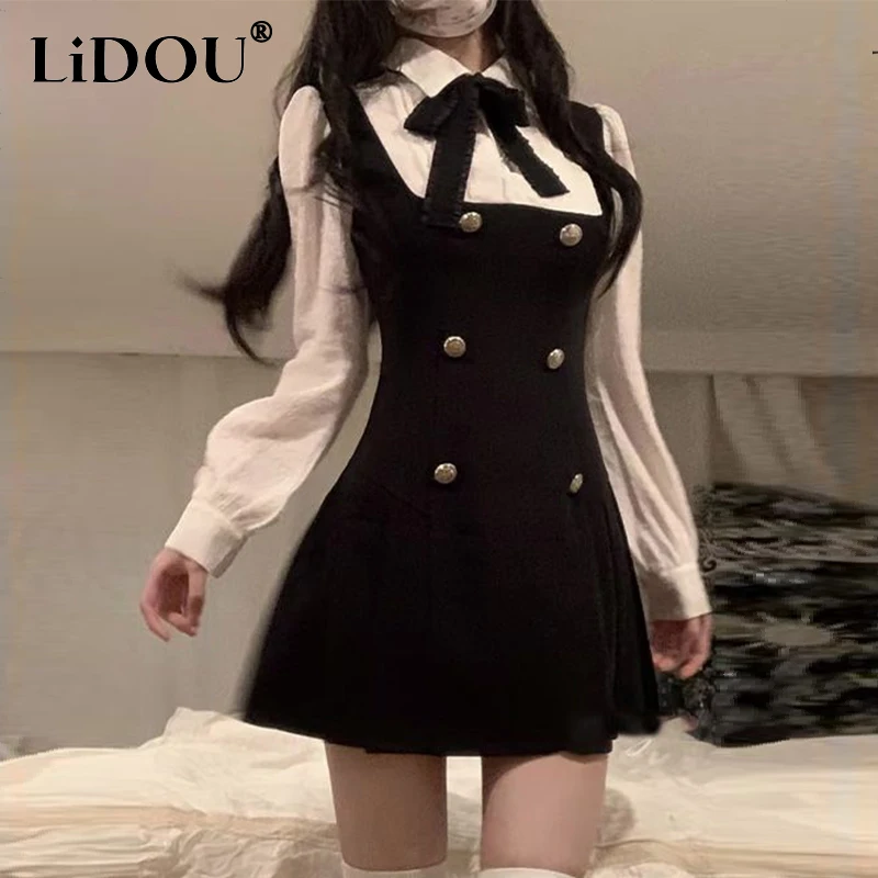 Top Trends: Spring Summer Fake Two Piece Bow Patchwork Dress Ladies Long Sleeve Sweet Mini Dresses Female Slim Casual Fashion Robe Vestidos Shoppable Styles