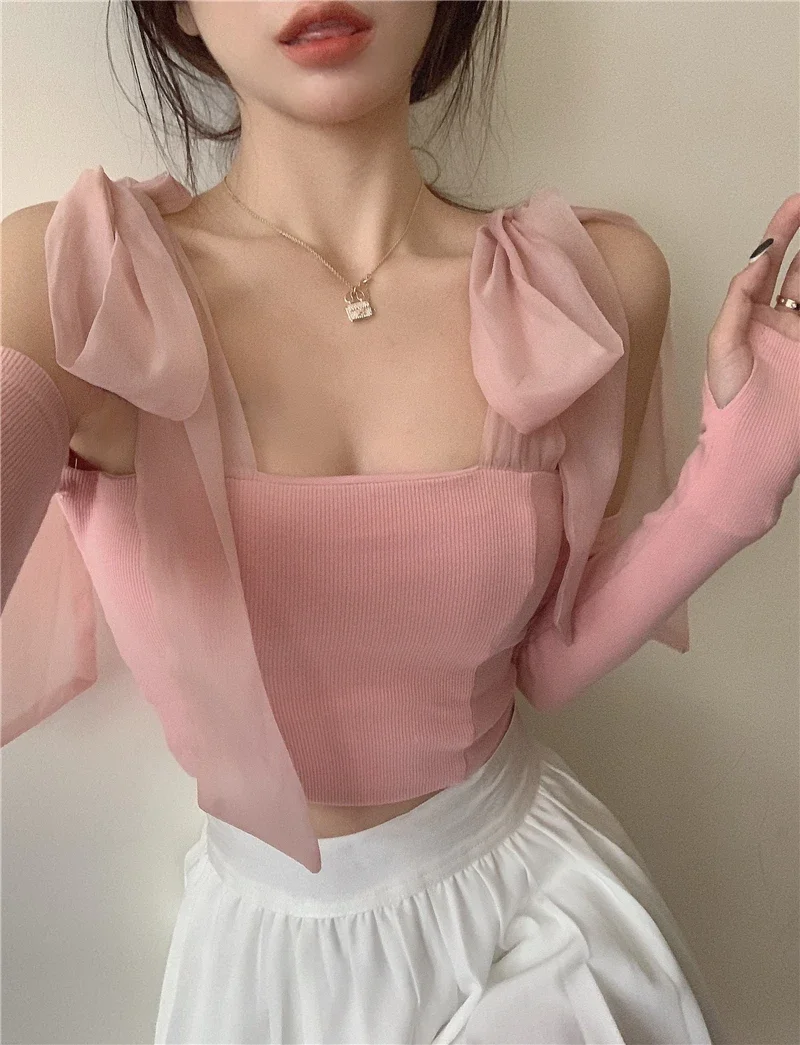 Top Trends: Sweet Girly Pink Camis Detachable Sleeve Bow Knitted Tank Tops Women Summer Fashion White Cropped Tops Shoppable Styles - Image 3