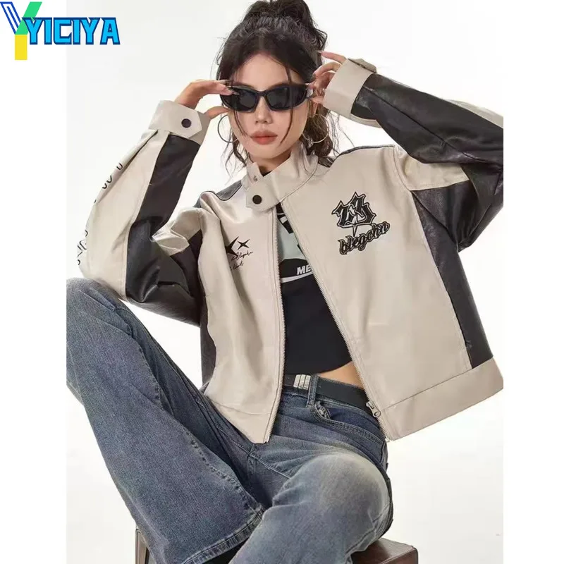 Top Trends: YICIYA Leather Jacket Stars Racing Car Coats Beige Bomber Korean Fashion Winter Short Motorcycle Jackets New Outfits 2023 Top Shoppable Styles