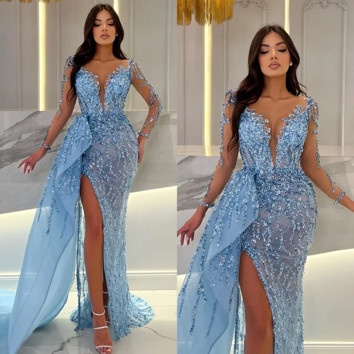 Top Trends: Sexy Sky Blue Mermaid Evening Dresses Illusion V Neck Long Sleeve Sequins Party Prom Dress Split Long Dress For Special Occasion Shoppable Styles