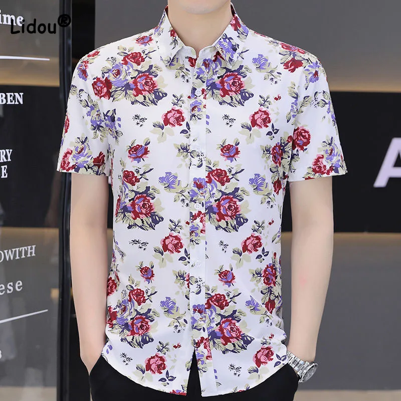 Top Trends: Korean Casual Trend Floral Printed Short Sleeve Shirt For Men Fashion Vintage Polo-Neck Single-breasted Shirt Male Clothes 2023 Shoppable Styles