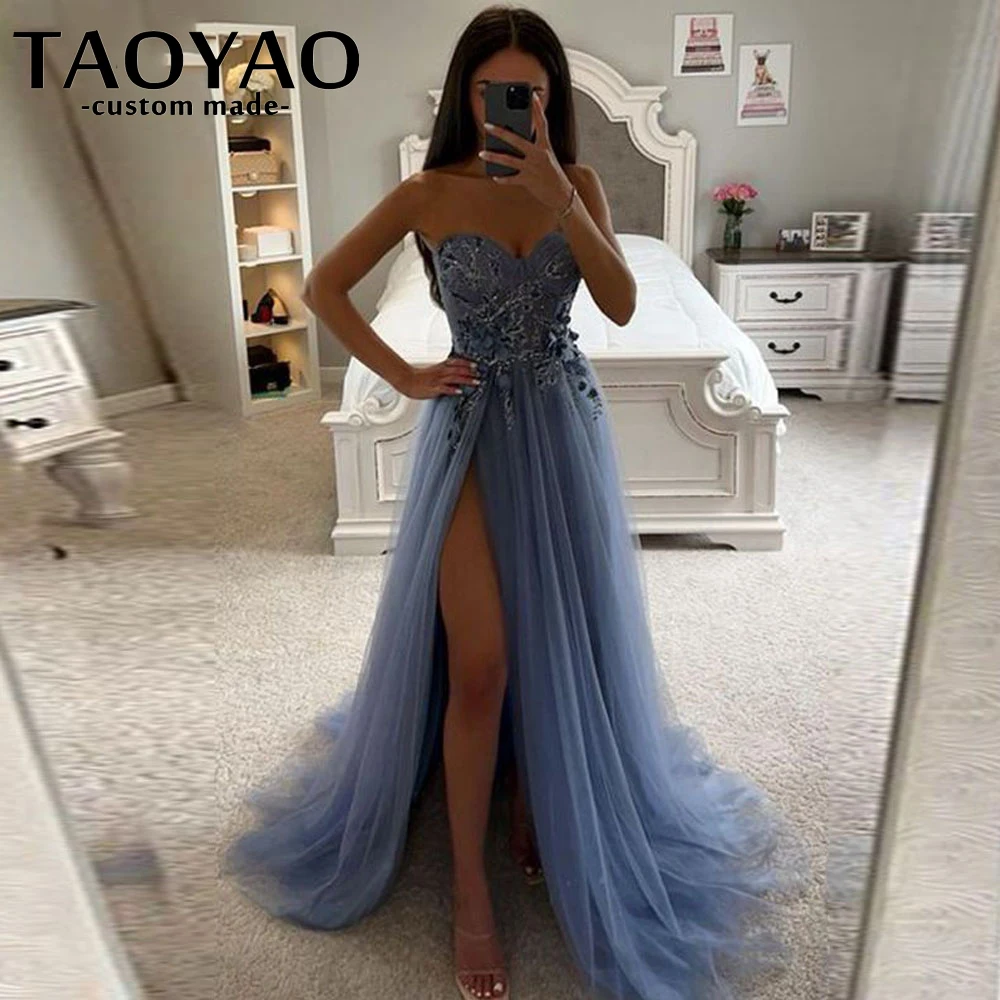 Top Trends: New A-Line Sleeveless Sweetheart Evening Dresses Vintage Party Dresses High Side Split Lace Appliques Prom Gowns Robe De Soirée Shoppable Styles