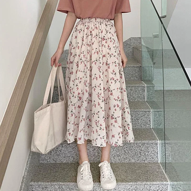 Top Trends: Summer Chiffon Floral Skirts For Women Korean Style A-line Pleated Long Skirts Vintage Elastic High Waist Female Maxi Skirt New Shoppable Styles