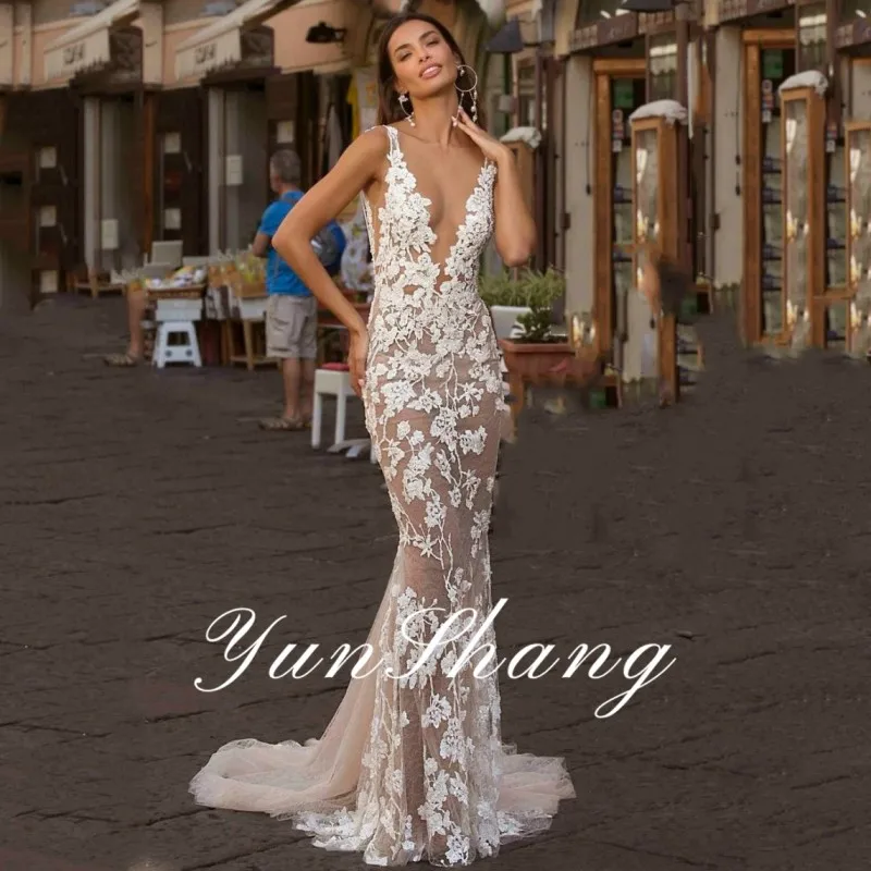 Top Trends: Yunshang Elegant Mermaid Wedding Dress 2024 White Lace Open Back V-Neck Spaghetti Strap Bridal Gown Sweep Train Vestido De Novia Shoppable Styles