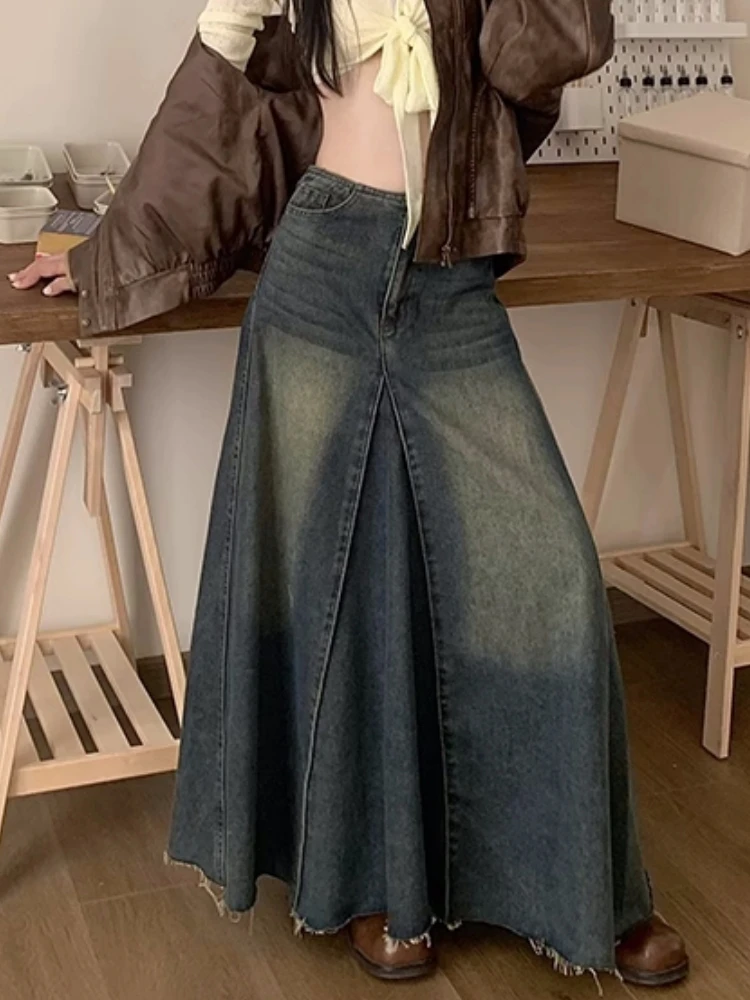 Top Trends: Maxi Long Skirts Women England Style Vintage Autumn Winter High Waist Jean Skirt Ladies A-Line Ruffle Pleated Denim Skirt Shoppable Styles