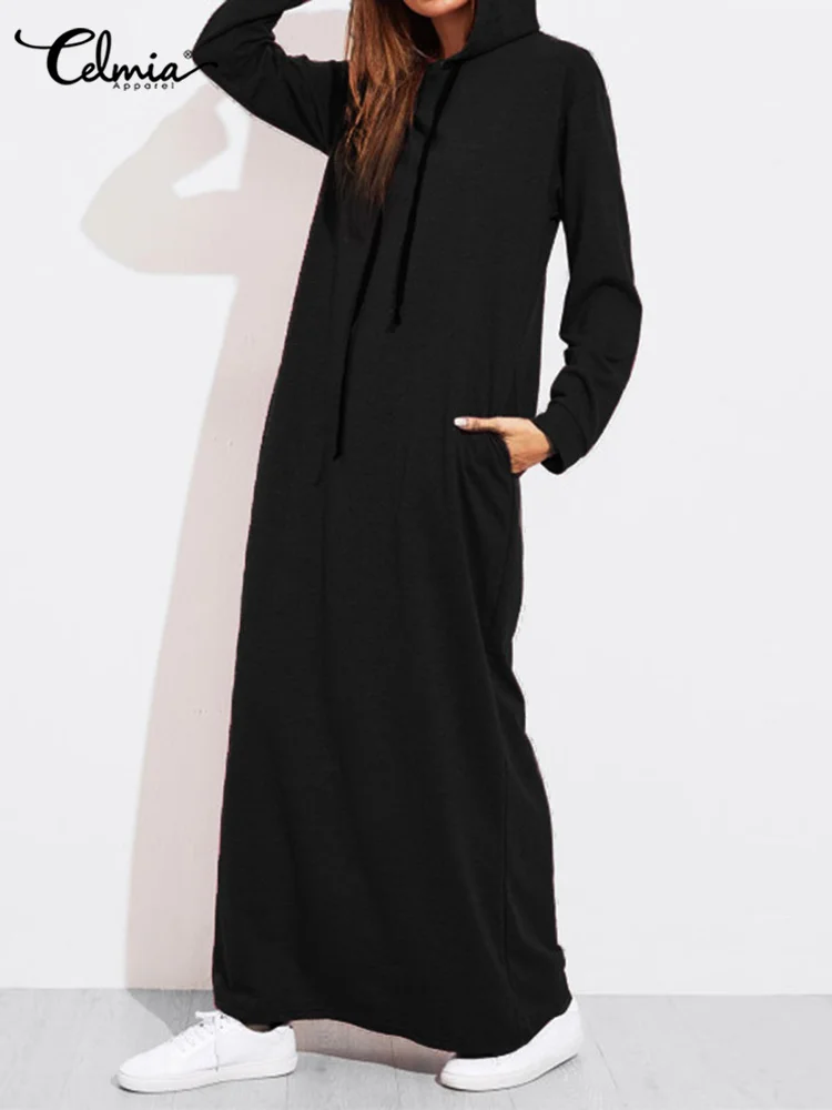 Top Trends: Celmia Women Hooded Maxi Dress Casual Solid Long Sleeve Pockets Party Hoodies Dress 2023 Spring Long Vestido Robe Drawstring Shoppable Styles