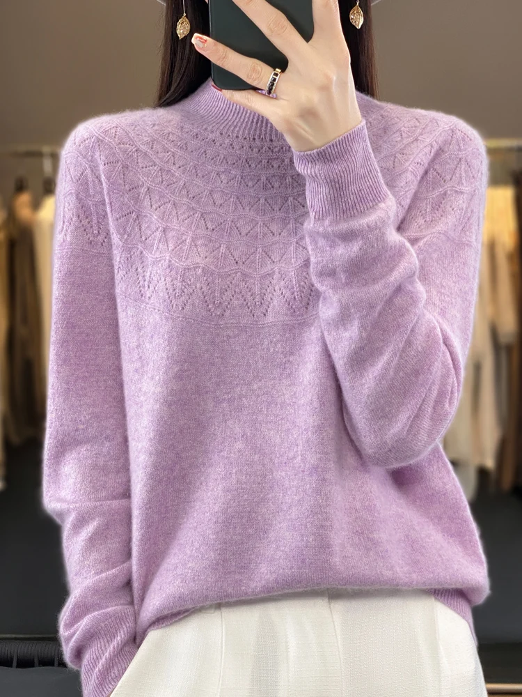 Top Trends: Autumn Winter New Women Pullover Mock-neck Basic Sweater 100% Merino Wool Hollow Solid Cashmere Knitwear Female Bottoming Shirt Shoppable Styles