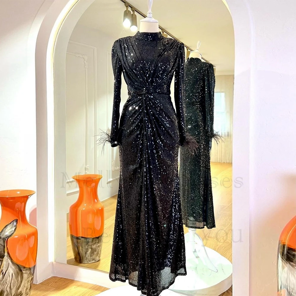 Top Trends: Luxury Black Evening Dresses For Women Sheath Sequined Prom Gowns 2023 Summer New Feather Robe De Soirée High Neck Real Picture Shoppable Styles