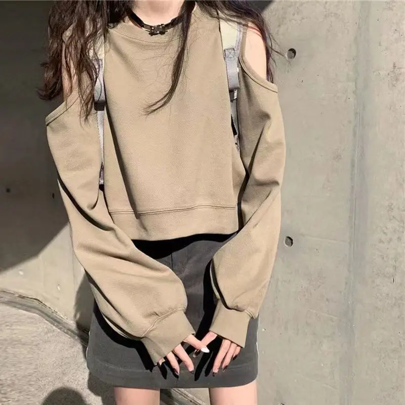 Top Trends: New Fashion Trend Off Shoulder Solid Color Sweatshirts Women's Clothing Autumn Winter Simplicity All-match Hollow Out Pullovers Shoppable Styles - Image 4