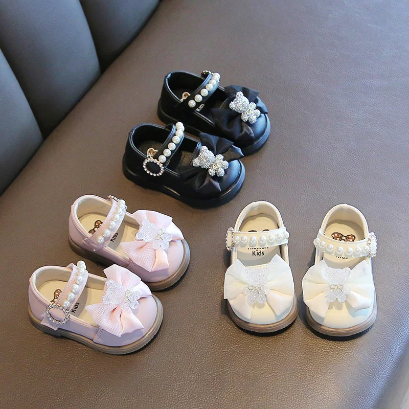 Top Trends: Baby Girl Princess Fashionable Pearl Bow Bear Shoes Soft Sole Toddler Shoes Mary Jane Flat Leather Shoes Shoppable Styles