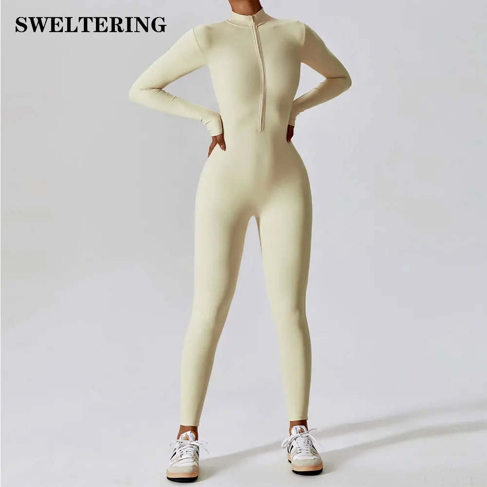 Top Trends: Women's One-Piece Suit Zipper Nude Long Sleeve Yoga Set Gym Clothes Workout Boilersuit High Strength Sportswear Fitness Bodysuit Shoppable Styles