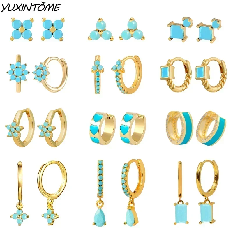 Top Trends: 925 Sterling Silver Needle Summer Turquoise Series Small Hoop Earrings For Women 24K Gold Earrings Trend Jewelry Ear Accessories Shoppable Styles