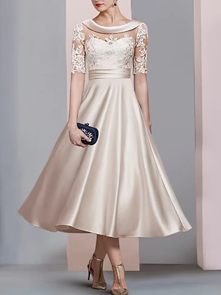 Top Trends: Mother Of The Bride Dress Chiffon Lace Appliques Scoop Neck Half Sleeve Tea-Length Formal Elegant Wedding Party Guest 2023 New Shoppable Styles