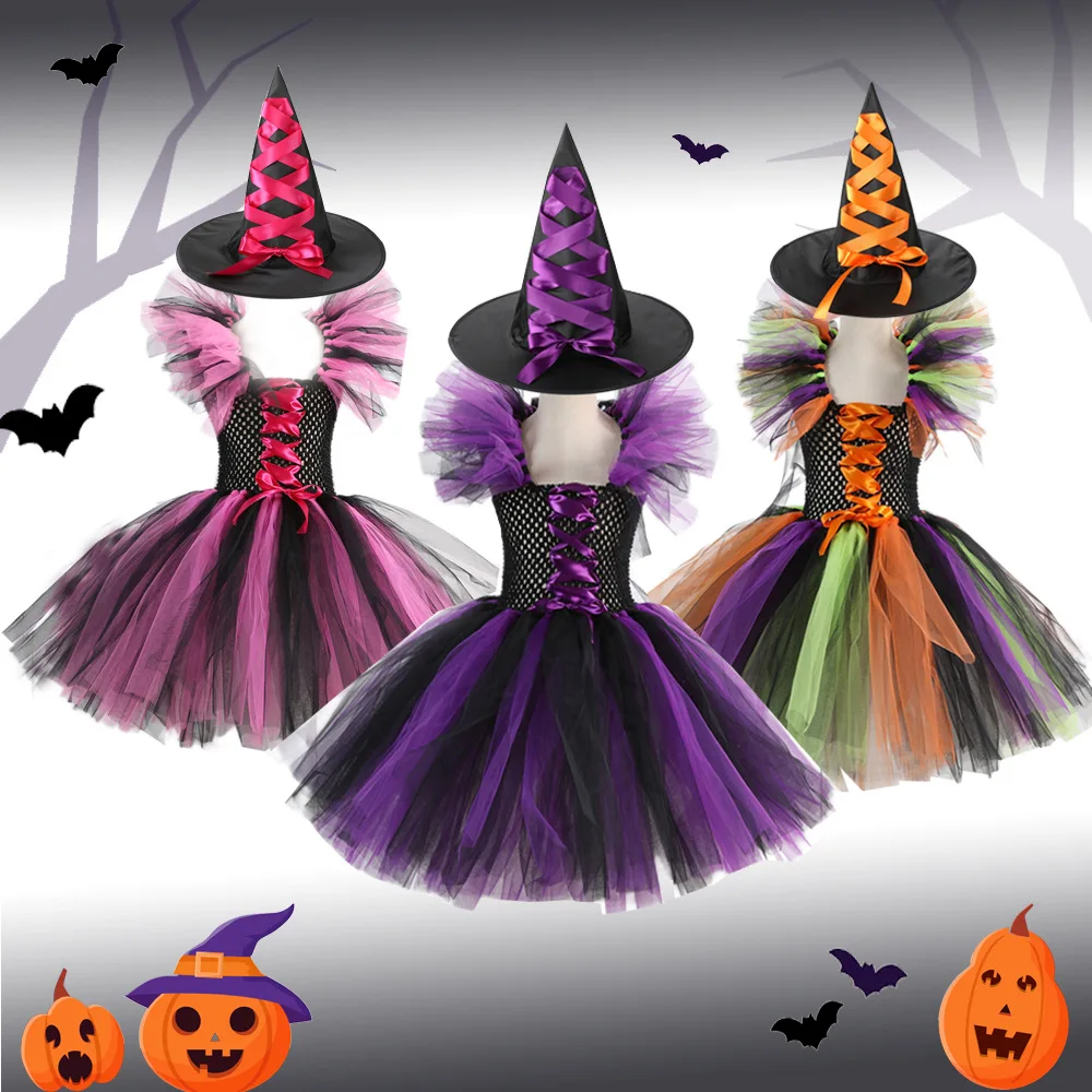 Top Trends: Girls Halloween Cosplay Witch Costume Children Carnival Vestidos Party Infant Witch Fancy Dress Clothing Set Bag Hat Shoppable Styles