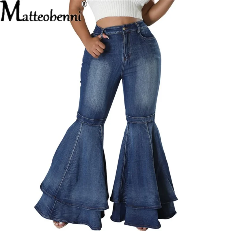 Top Trends: Casual Versatile Big Flared Shape Splicing Jeans Women Fashion Wide Leg Blue Washed Denim Pants Commuter Cotton Stretch Trousers Shoppable Styles