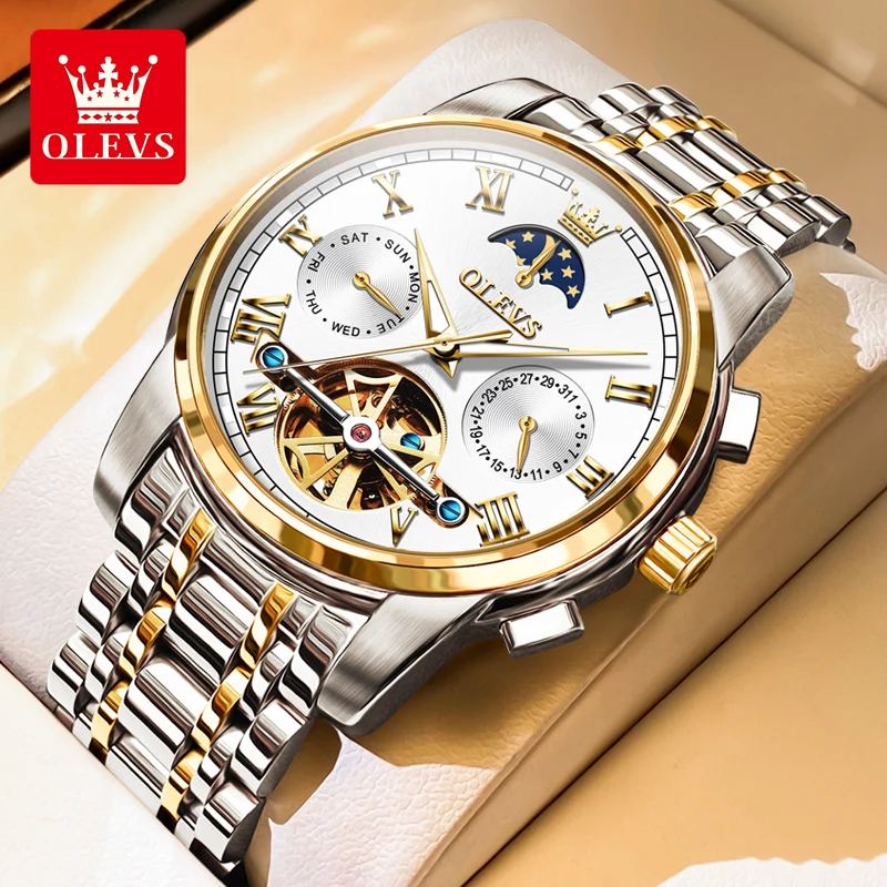 Top Trends: OLEVS Original Automatic Mechanical Watch For Men Luxury Brand Moon Phase Tourbillon Wristwatch Waterproof Luminous Moonswatch Shoppable Styles