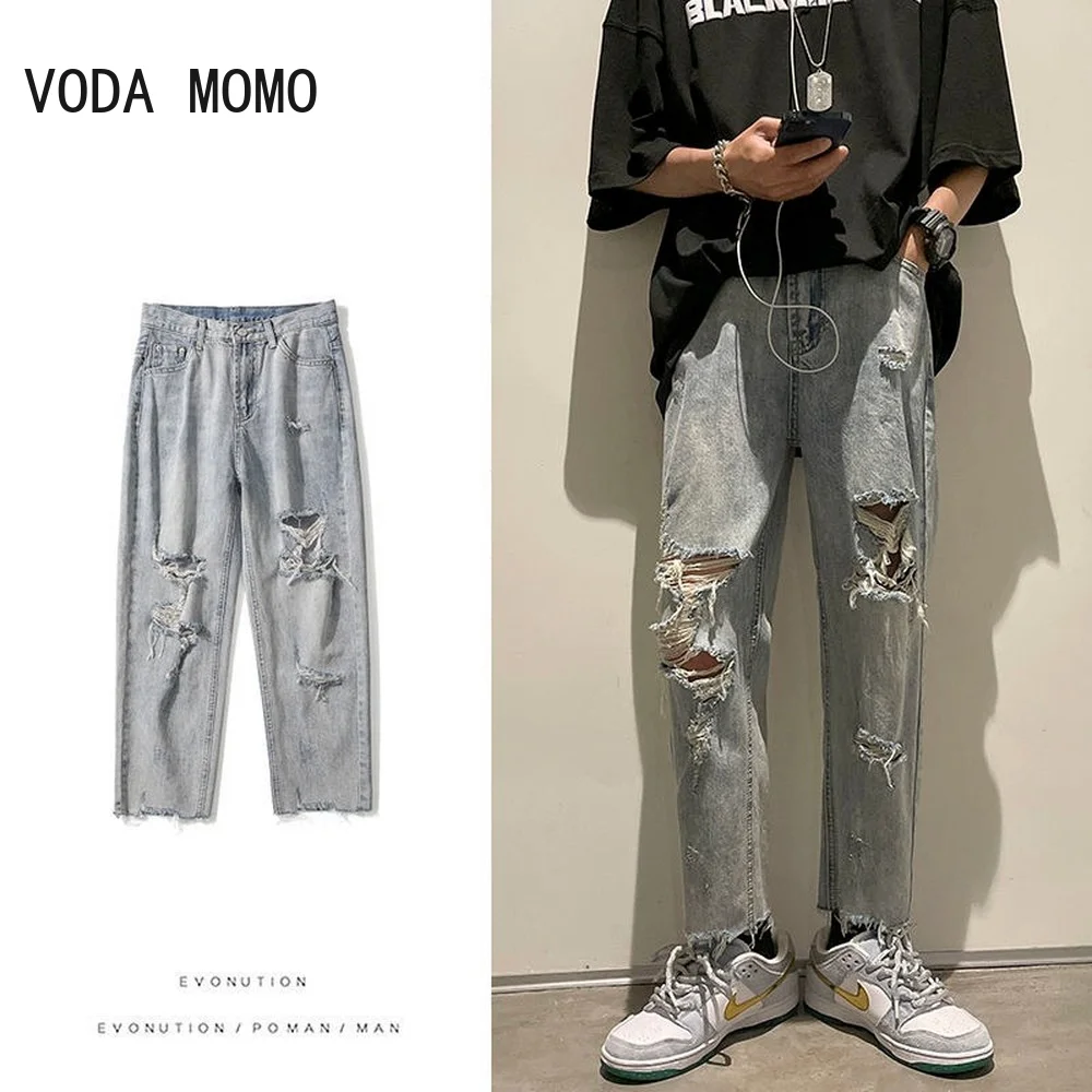 Top Trends: Knife Cut Hole Jeans Mens High Street Ripped Jeans Men And Women Fashion Loose Straight Hip Hop Motorcycle Trousers Pants Shoppable Styles