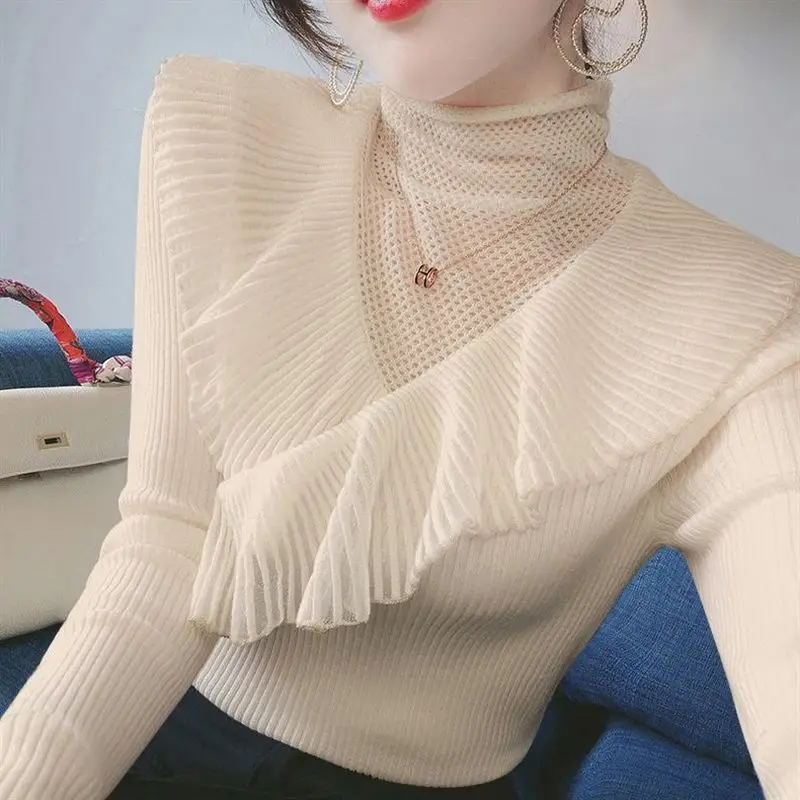 Top Trends: Women&#039;s Autumn And Winter New Models Pullover High Neck Fashion Lace Hollow Out Ruffles Solid Color Slim Fit Long Sleeved Tops Shoppable Styles