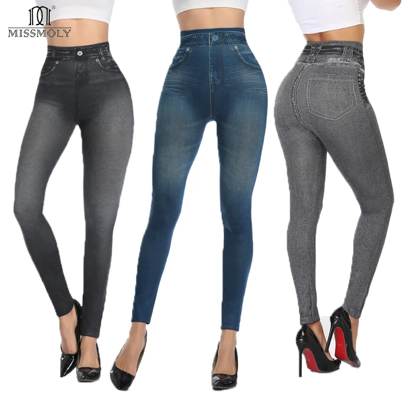 Top Trends: Faux Denim Jeans Leggings High Waist Fashion Slim Women Seamless Leggings Sexy Long Printing Fitness Legging Casual Pencil Pants Shoppable Styles