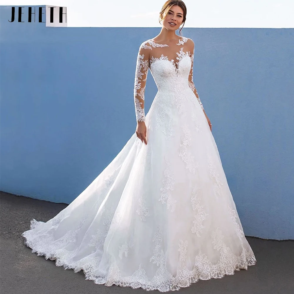 Top Trends: JEHETH Elegant A-Line Wedding Dresses For Women Long Lace Sleeves With Appliques Bridal Gown Illusion Tulle Vestidos De Novia Shoppable Styles