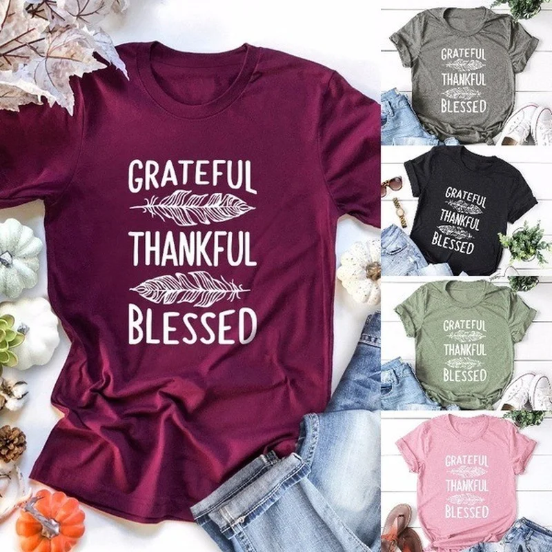 Top Trends: Grateful Thankful Blessed Feather Print Women T Shirt Short Sleeve O Neck Loose Women Tshirt Ladies Tee Shirt Tops Clothes Mujer Shoppable Styles