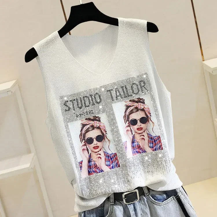 Top Trends: Hot Rhinestone Bright Silk Sleeveless Vest Women's Spring / Summer New Style V-neck Loose All-match Sling Knitted Top T-shirt Shoppable Styles