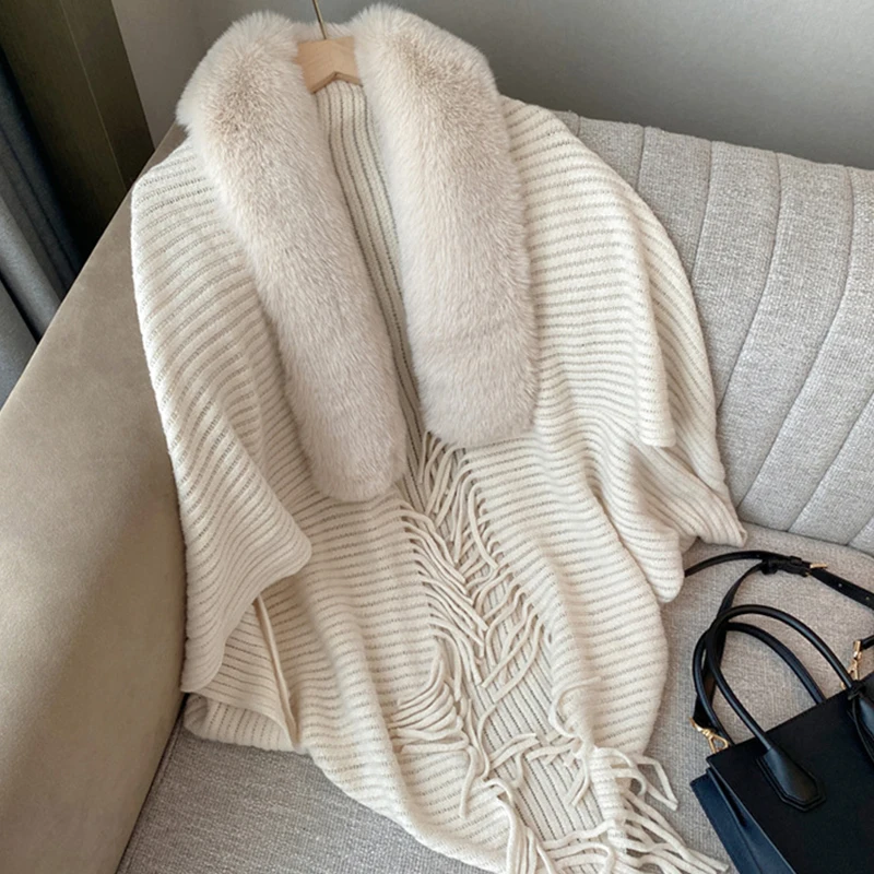 Top Trends: Winter Cashmere Knitted Shawl Cloak Poncho Women&#039;s Faux Fur Collar Tassel Cape Elegant Ponchos Warm Wrap Wool Cardigan Cold Coat Shoppable Styles