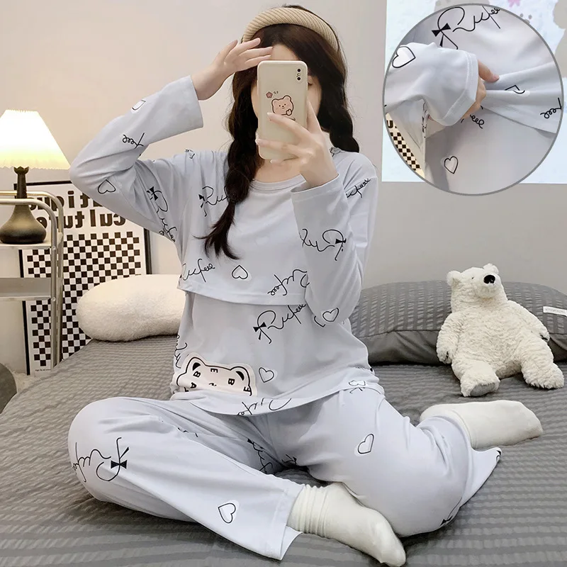 Top Trends: 2024 Autumn Postpartum Woman Breastfeeding Clothes Set Long Sleeve Lactation Top+ pants Twinset Maternity Nursing Pajamas Sets Shoppable Styles