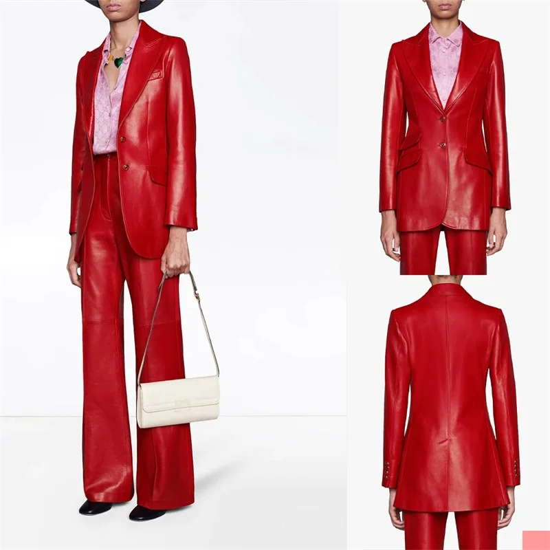 Top Trends: Leather Women Pants Suits Set Blazer 2 Pcs Red Jacket+ Wide Leg Trousers Mother Of Guest Dress Formal Party Coat Custom Made Shoppable Styles