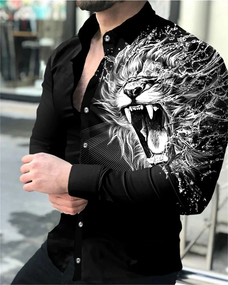 Top Trends: 2023 Men&#039;s Party Fashion Long-sleeved Shirt 3D Printed Lion High-definition Animal Print Lapel Button Shirt S-6XL Men&#039;s Tops Shoppable Styles