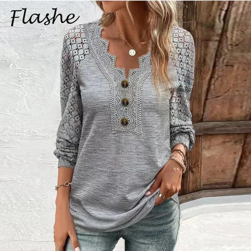 Top Trends: Autumn Winter Women T-Shirt Solid V Neck Lace Patchwork Button Long Sleeve T Shirts For Women Casual Loose Tee Tops Shoppable Styles