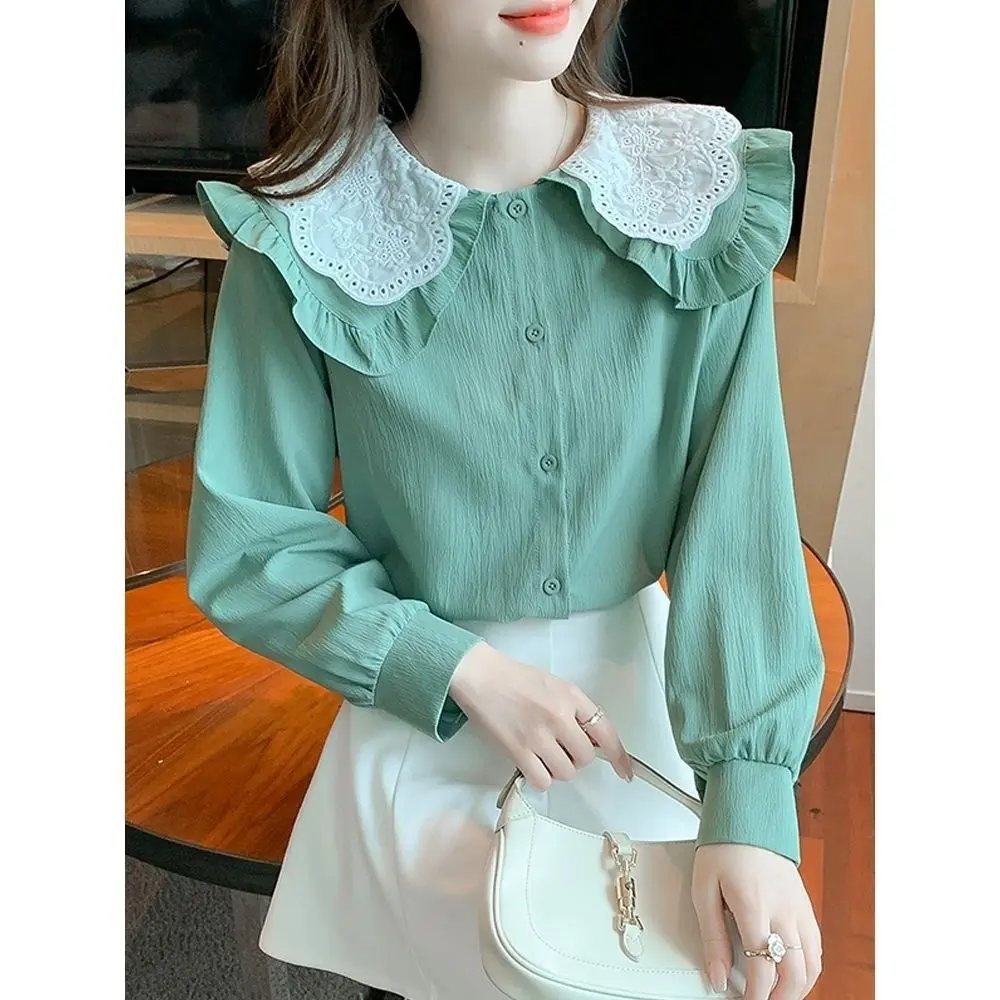 Top Trends: Spring New Patchwork White Blouse Solid Color Long Sleeve Peter Pan Collar Loose Shirt Tops Korean Fashion Women Clothing S-2XL Shoppable Styles