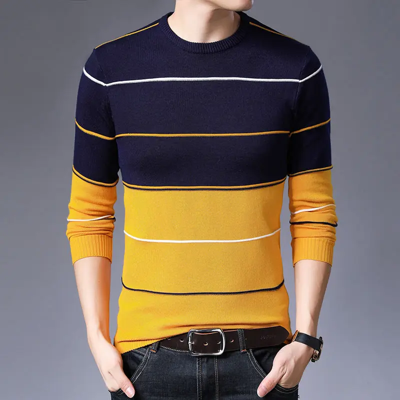 Top Trends: Korean Clothing Men Casual Striped Sweater Spring Autumn Fashion Basic Versatile Slim Long Sleeve Bottoming Pullover Knit Tops Shoppable Styles