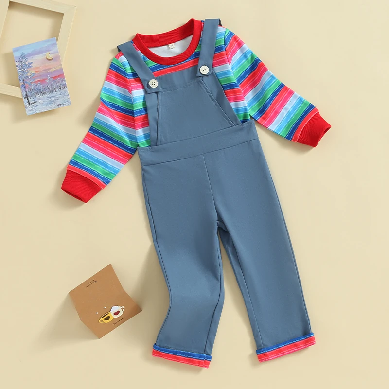 Top Trends: Baby Girls 2Pcs Fall Clothes Set Long Sleeve Striped Print Tops Pullover And Suspender Overall Pants Casual Cosplay Costume Suit Shoppable Styles