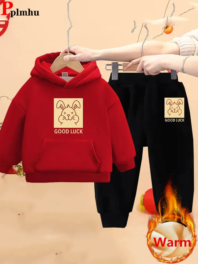 Top Trends: Printed Velvet Lined Kids Conjuntos Winter Hooded Sweatshirts Tops + Thicken Warm Jogger Pants Ensemble Boys / Girls 2 Piece Sets Shoppable Styles