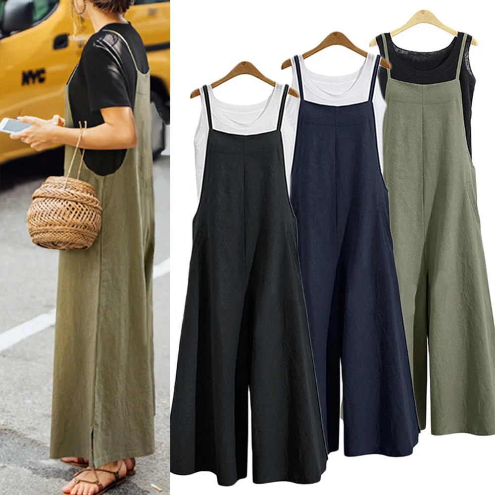 Top Trends: Women Solid Jumpsuit Strap Sleeveless Oversized Cotton Linen Jumpsuits Summer Loose Casual Wide Leg Pants Dungaree Bib Overalls Shoppable Styles