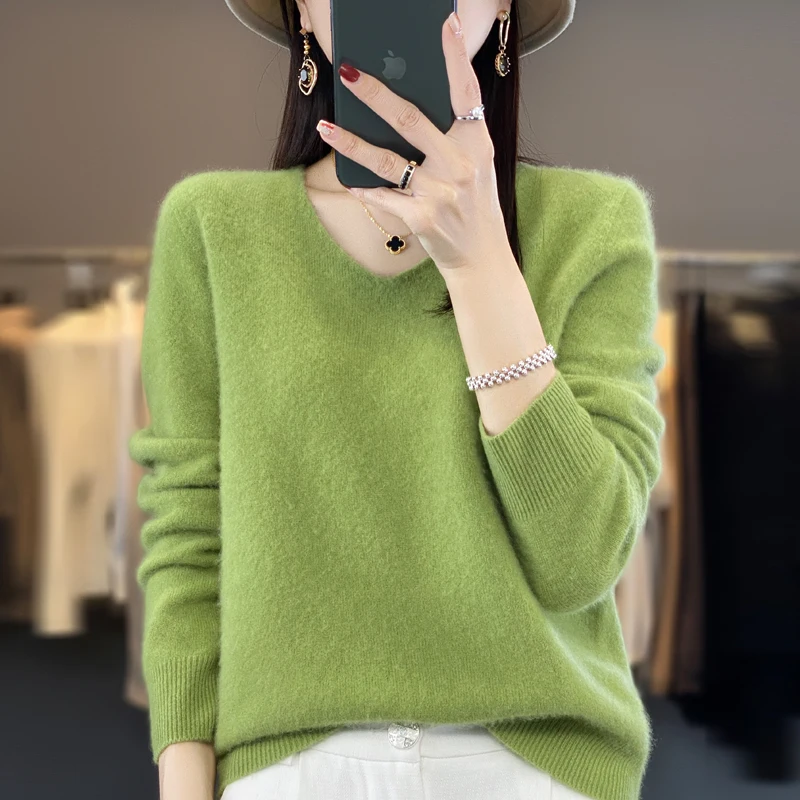 Top Trends: New 100% Merino Pure Wool Sweater In Autumn And Winter Women&#039;s V-neck Knitted Long-sleeved Solid Color Warm Sweater Shoppable Styles